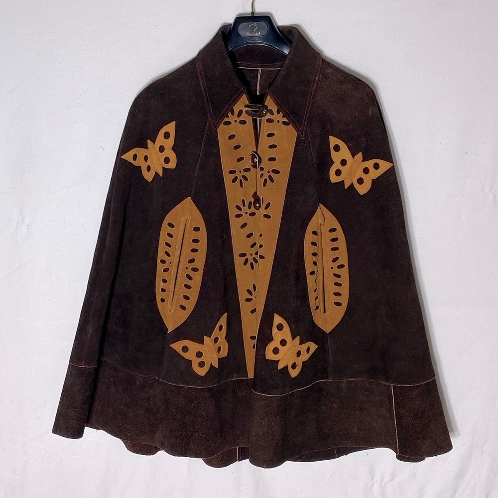 Vintage Handmade Two Tone Brown Suede Leather Cape M Boho Festival Western